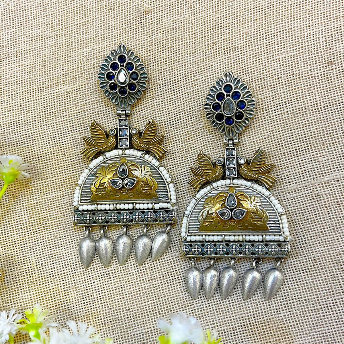Dual Tone Oxidised Bird Earrings