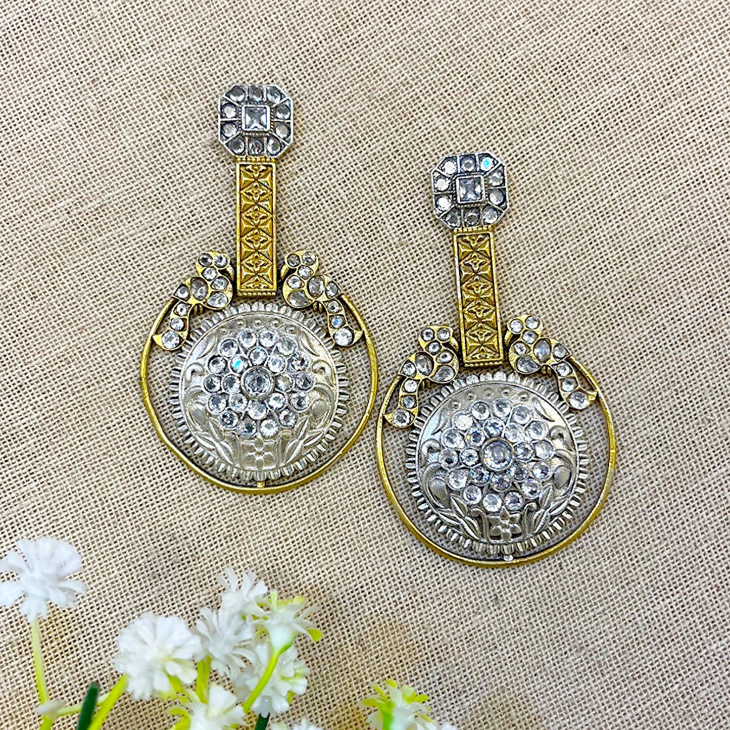 Dual Tone Sone Long Earrings
