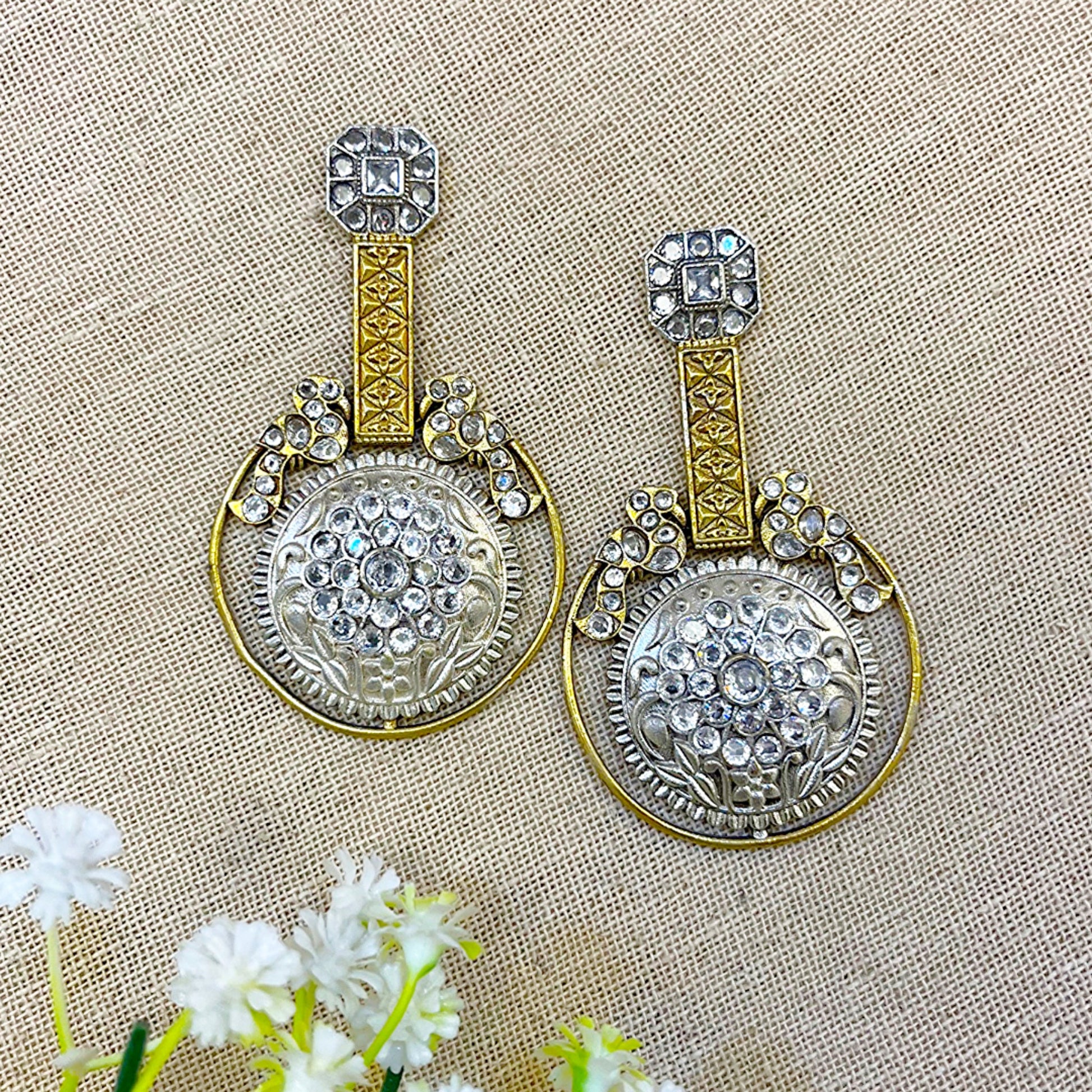 Dual Tone Sone Long Earrings