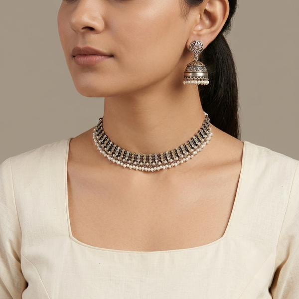 Breeze Silver Look Alike Dual Tone Choker With Earrings