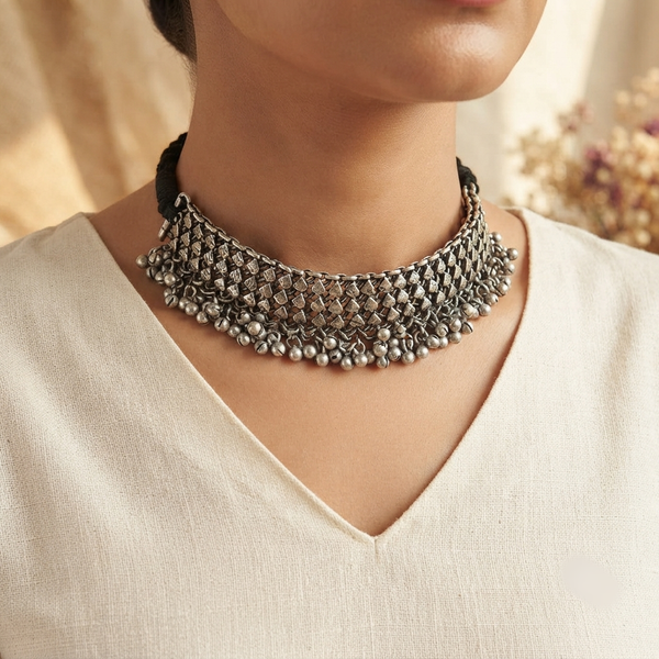Heart Silver Look Alike Oxidized Choker