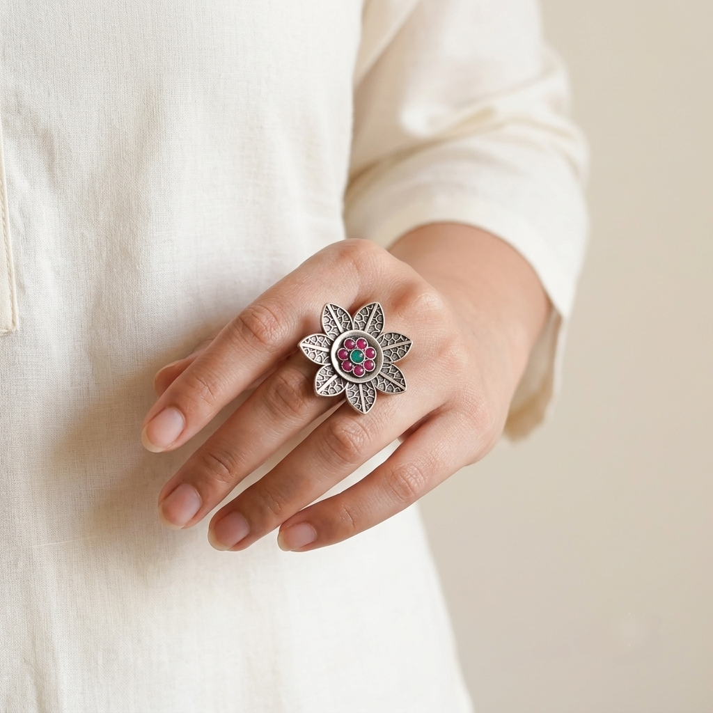 Flower Silver Look Alike Oxidized Ring