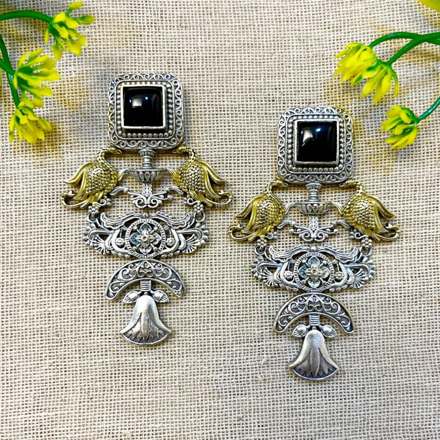 DualTone Earrings With Black Stone