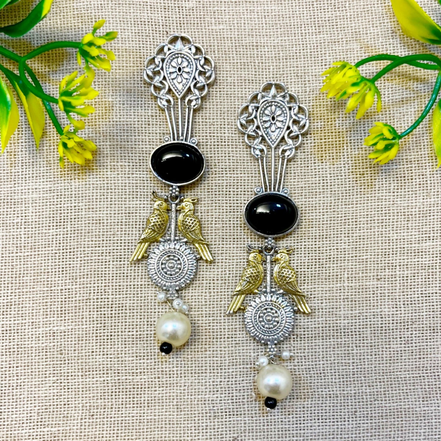 Dual Tone Black stone pearl Earrings