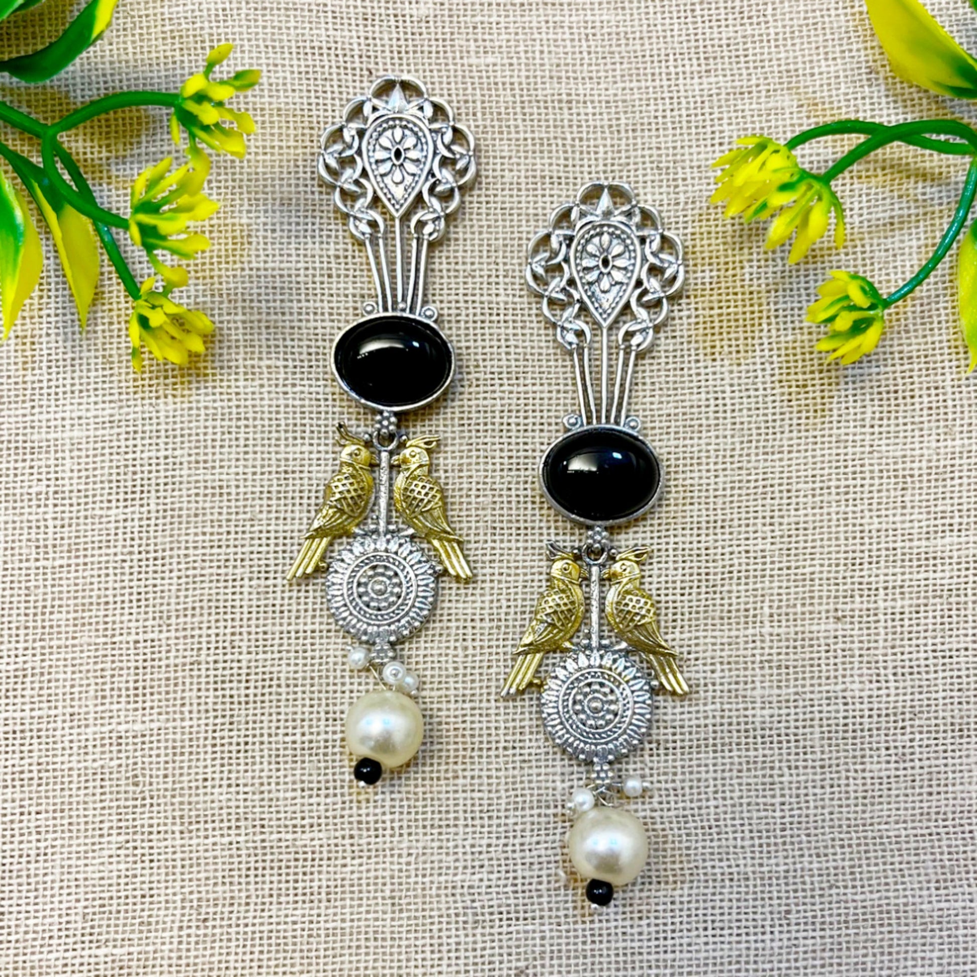 Dual Tone Black stone pearl Earrings