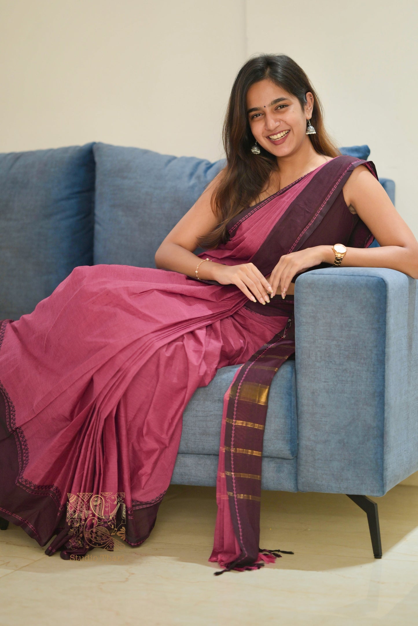 Dark Pink & Brown Parvati� Bold and Beautiful Chettinad Cotton Saree