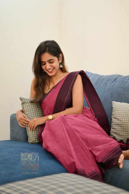Dark Pink & Brown Parvati� Bold and Beautiful Chettinad Cotton Saree