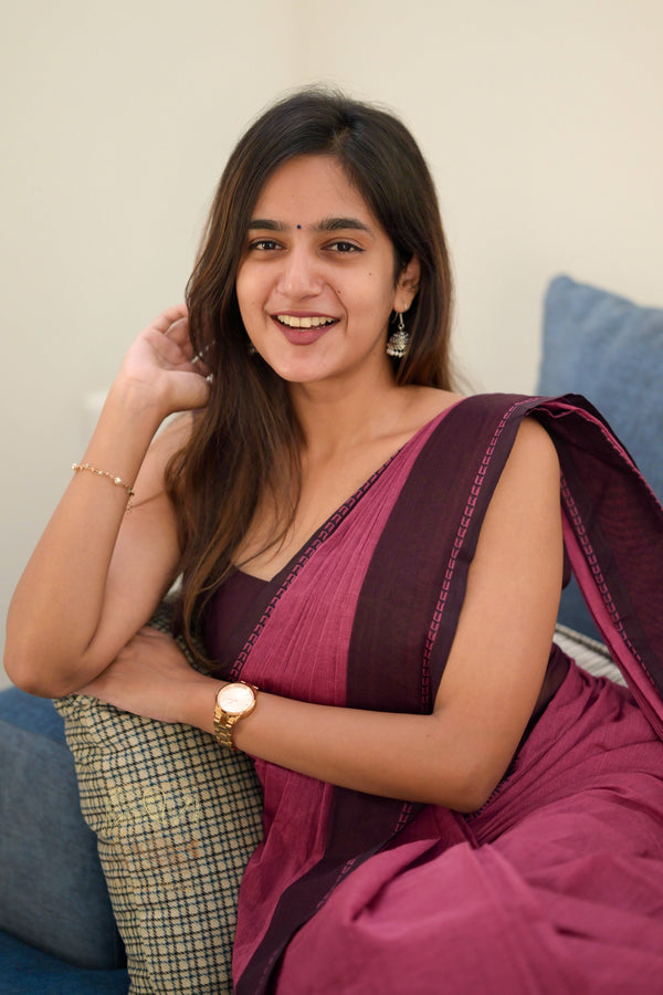 Dark Pink & Brown Parvati� Bold and Beautiful Chettinad Cotton Saree