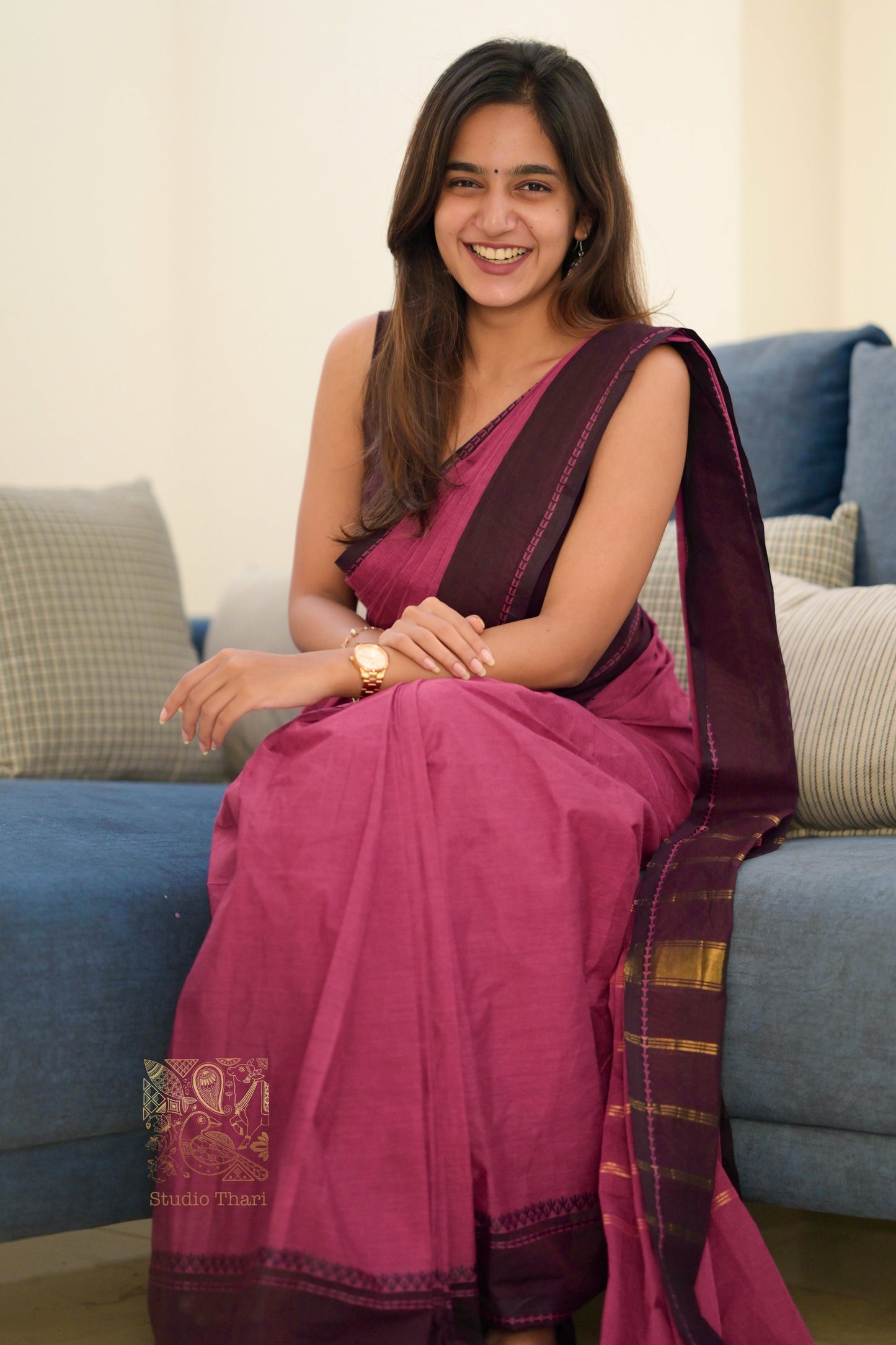 Dark Pink & Brown Parvati� Bold and Beautiful Chettinad Cotton Saree