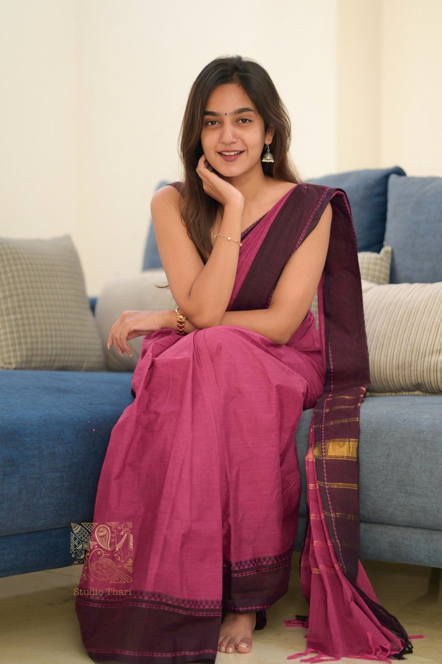 Dark Pink & Brown Parvati� Bold and Beautiful Chettinad Cotton Saree