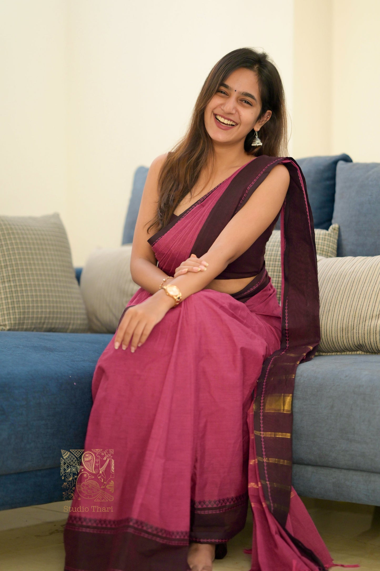 Dark Pink & Brown Parvati� Bold and Beautiful Chettinad Cotton Saree