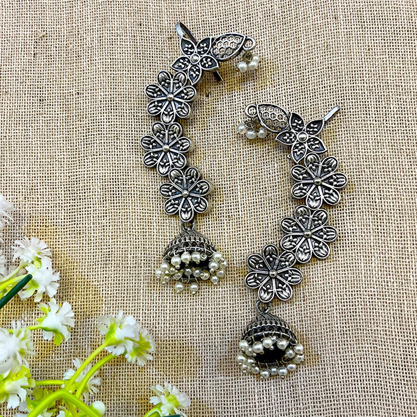 silver ear cuffs with jhumkas