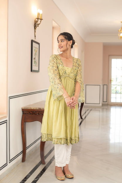 ANU AIRA LIME GREEN CHANDHERI KURTA