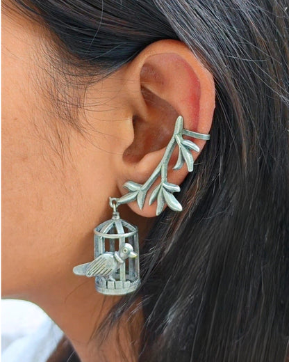 Parrot Inside The Cage  Silver Look Alike Oxidised Earcuff