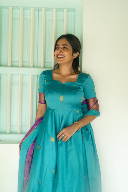 Studio  Blue Silk Cotton Anarkali Top & Dupatta