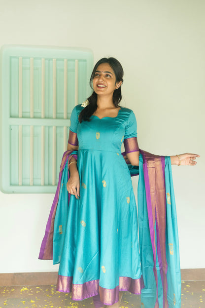 Studio  Blue Silk Cotton Anarkali Top & Dupatta