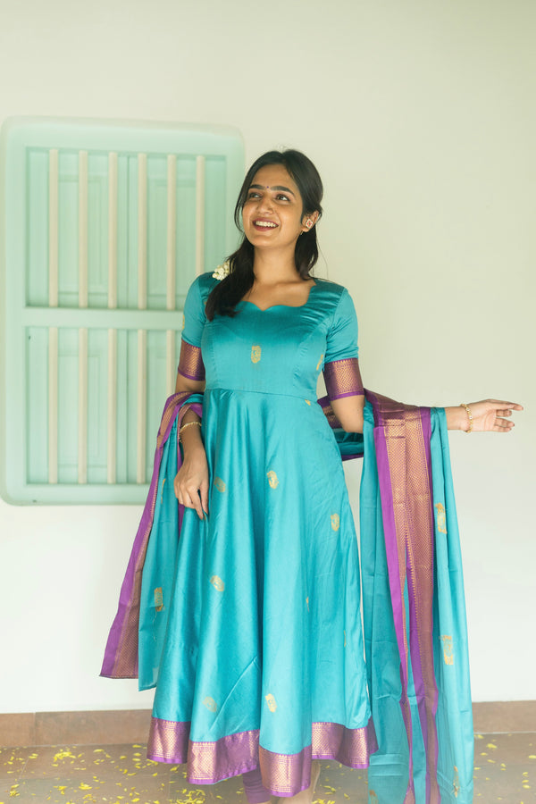Studio  Blue Silk Cotton Anarkali Top & Dupatta
