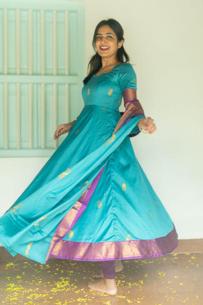 Studio  Blue Silk Cotton Anarkali Top & Dupatta
