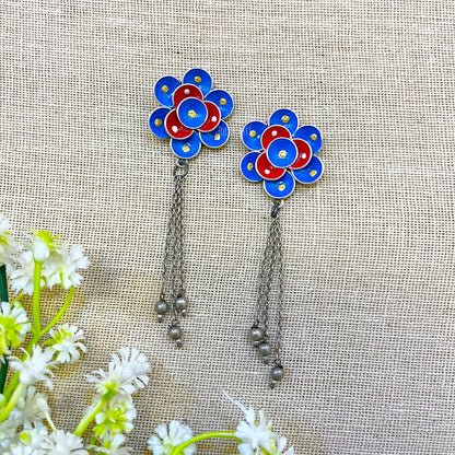 Blue Flower Printed Oxidised Earring