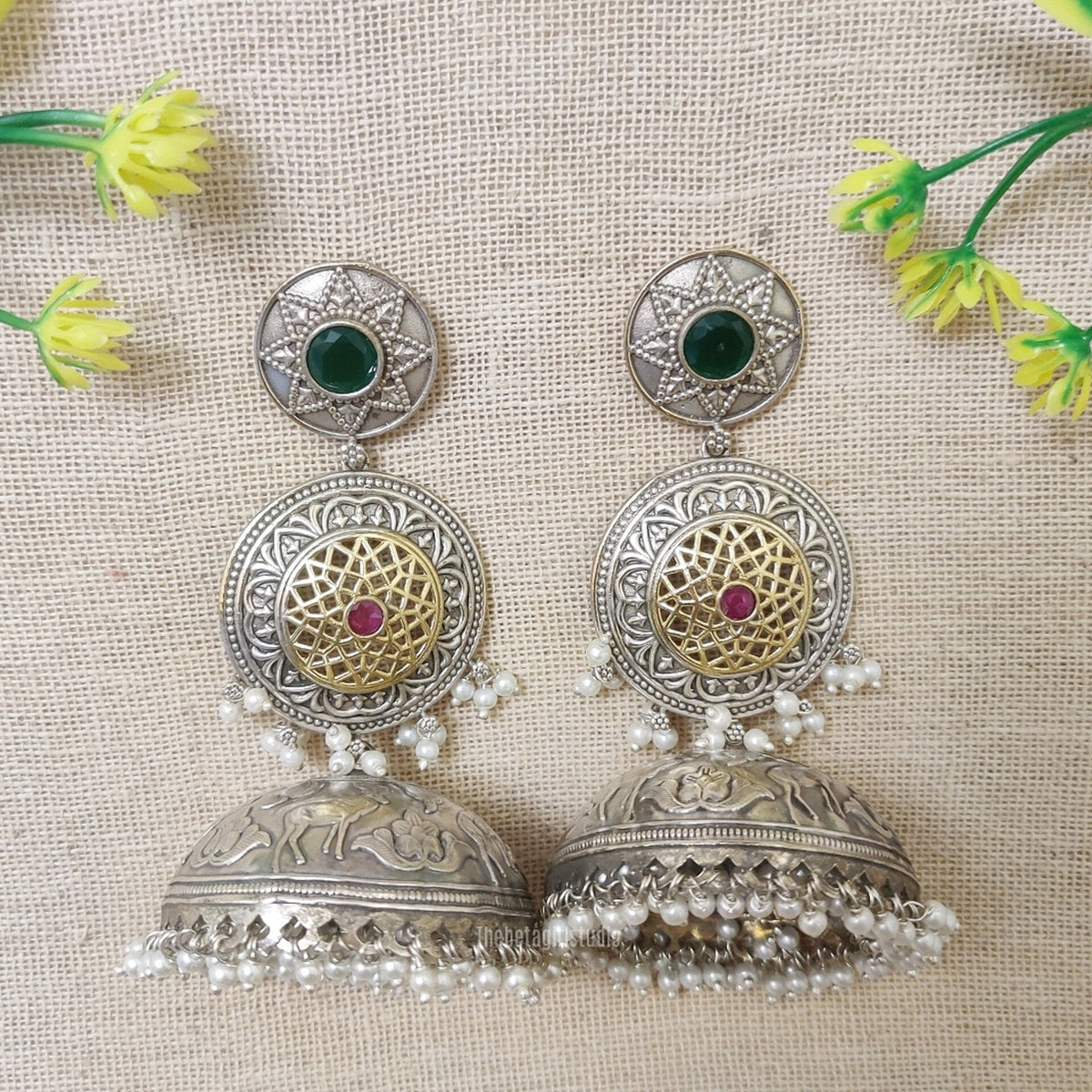 dual tone jhumka earrings