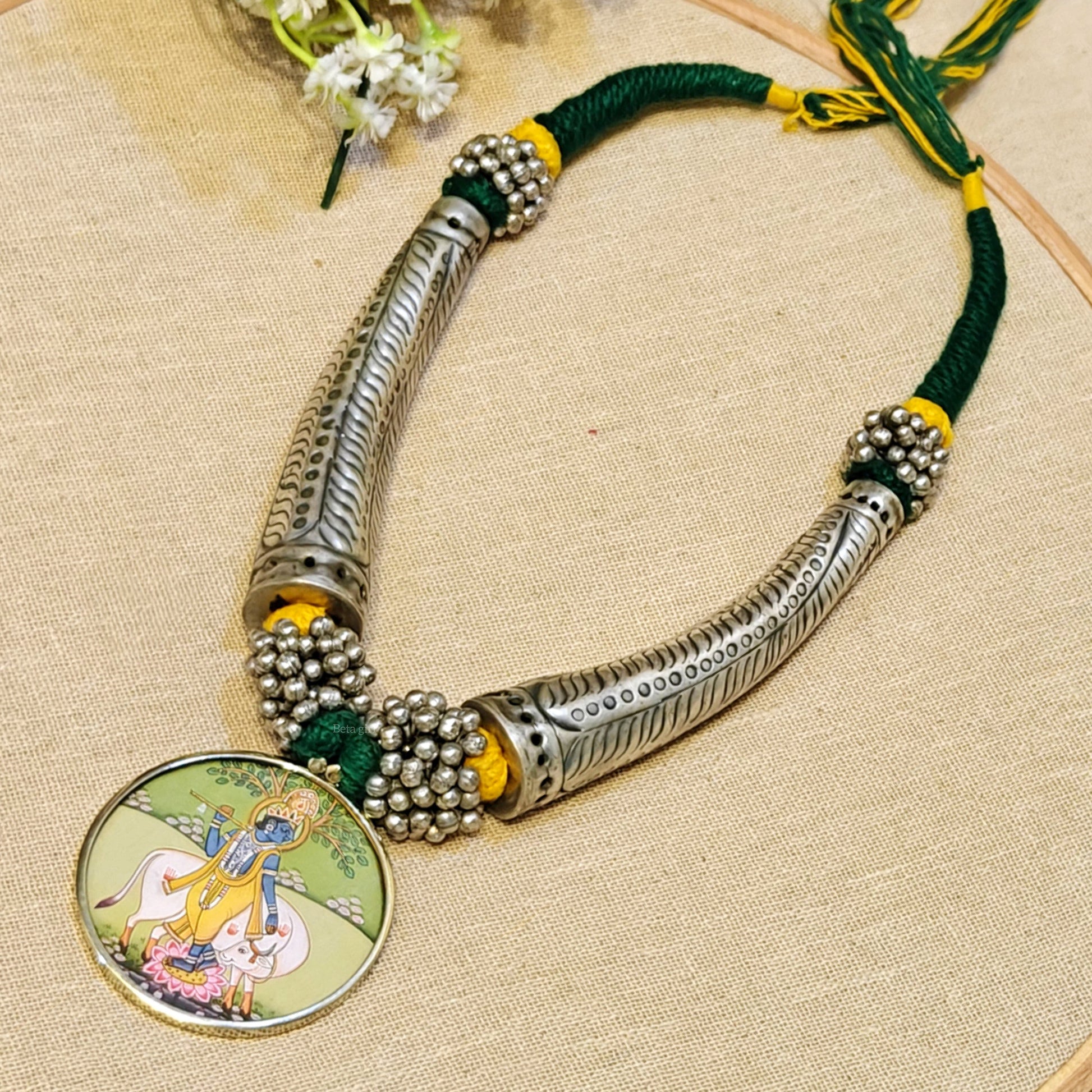 Printed Pendant Oxidised Choker Green