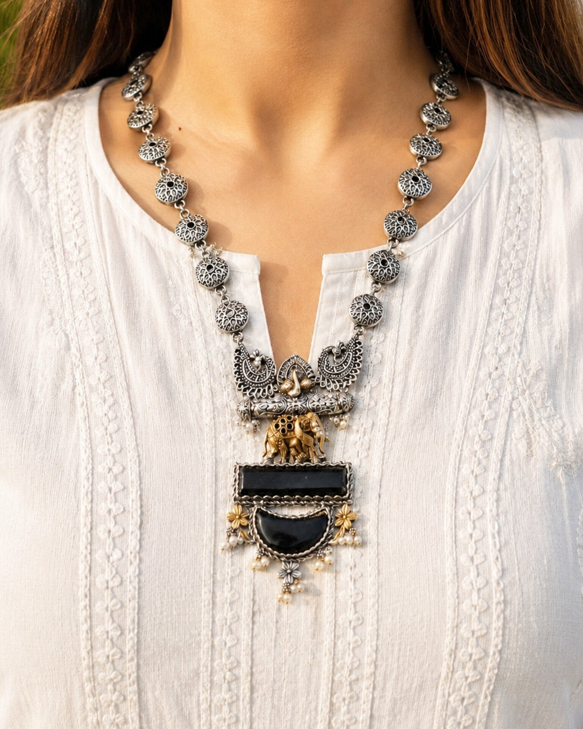 Marina Black Monalisa Stone Dual Tone Necklace Set
