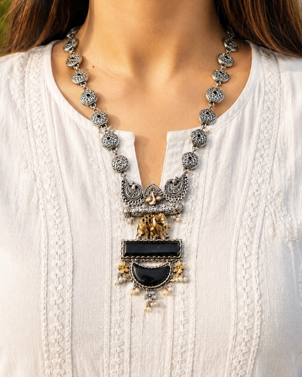 Marina Black Monalisa Stone Dual Tone Necklace Set