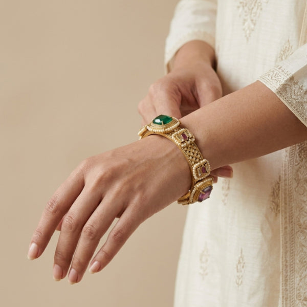 Roolf Silver Look Alike Gold Kada For Women - Traditional Kada Bracelet With Green Emerald