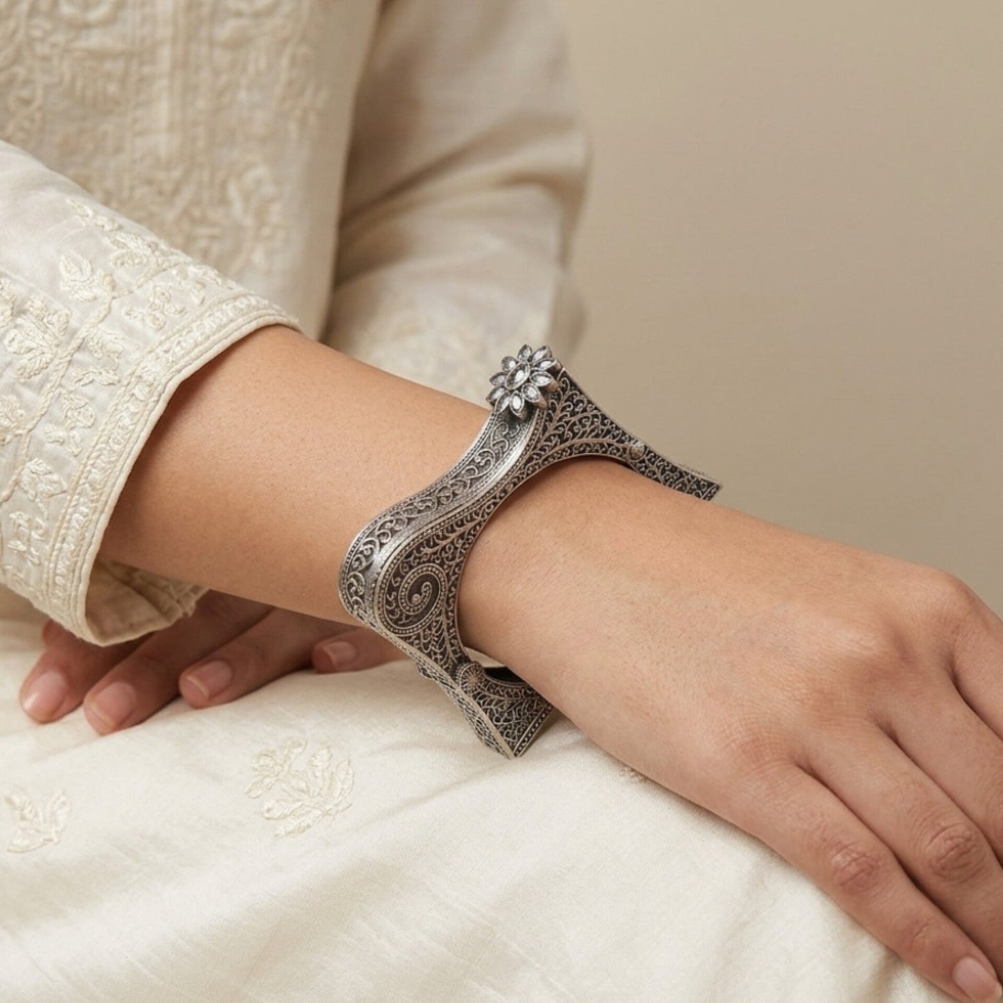 Emani  Silver Look Alike Oxidised Kada