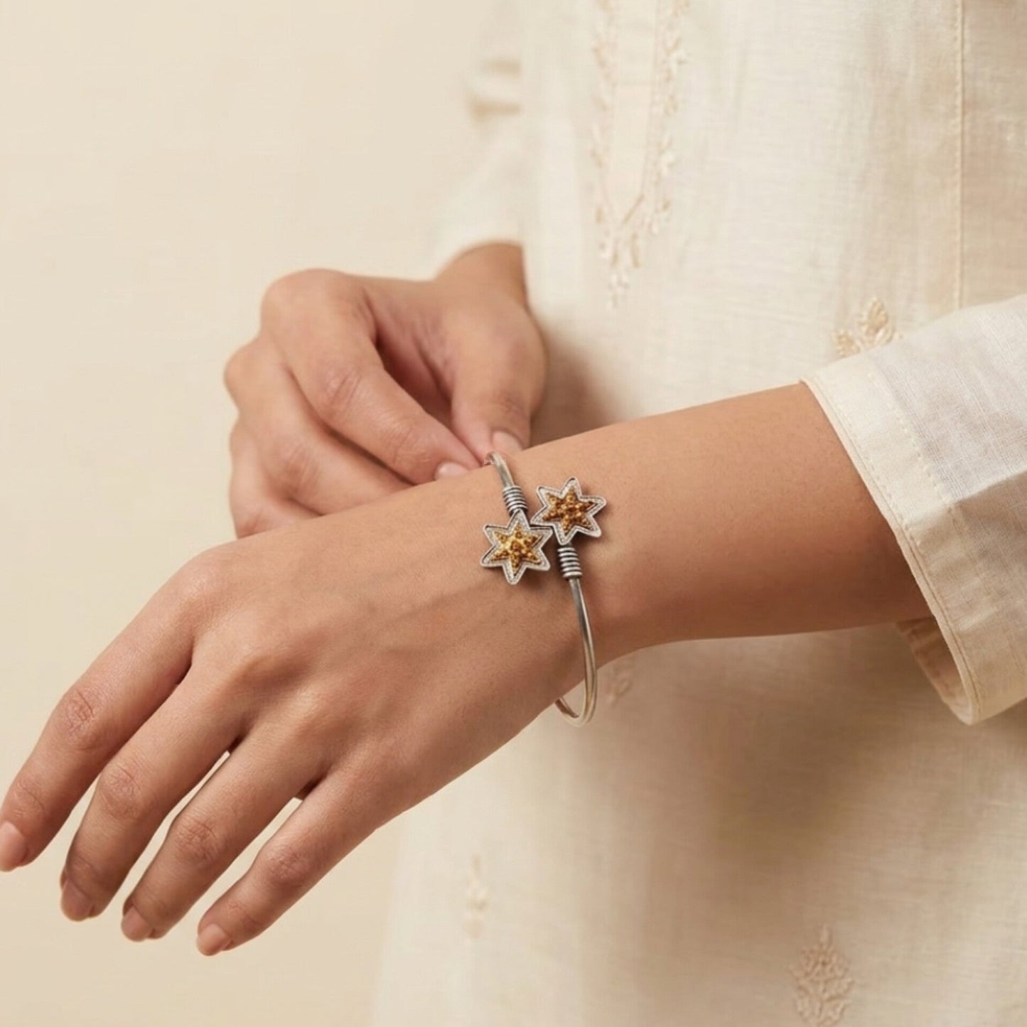 Arunita Silver Look A Like Dual Tone Flower Shape Kada Bracelet