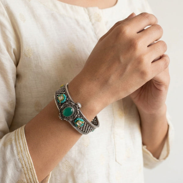 Skype Kundan Enamel Kada With Turquoise Stone