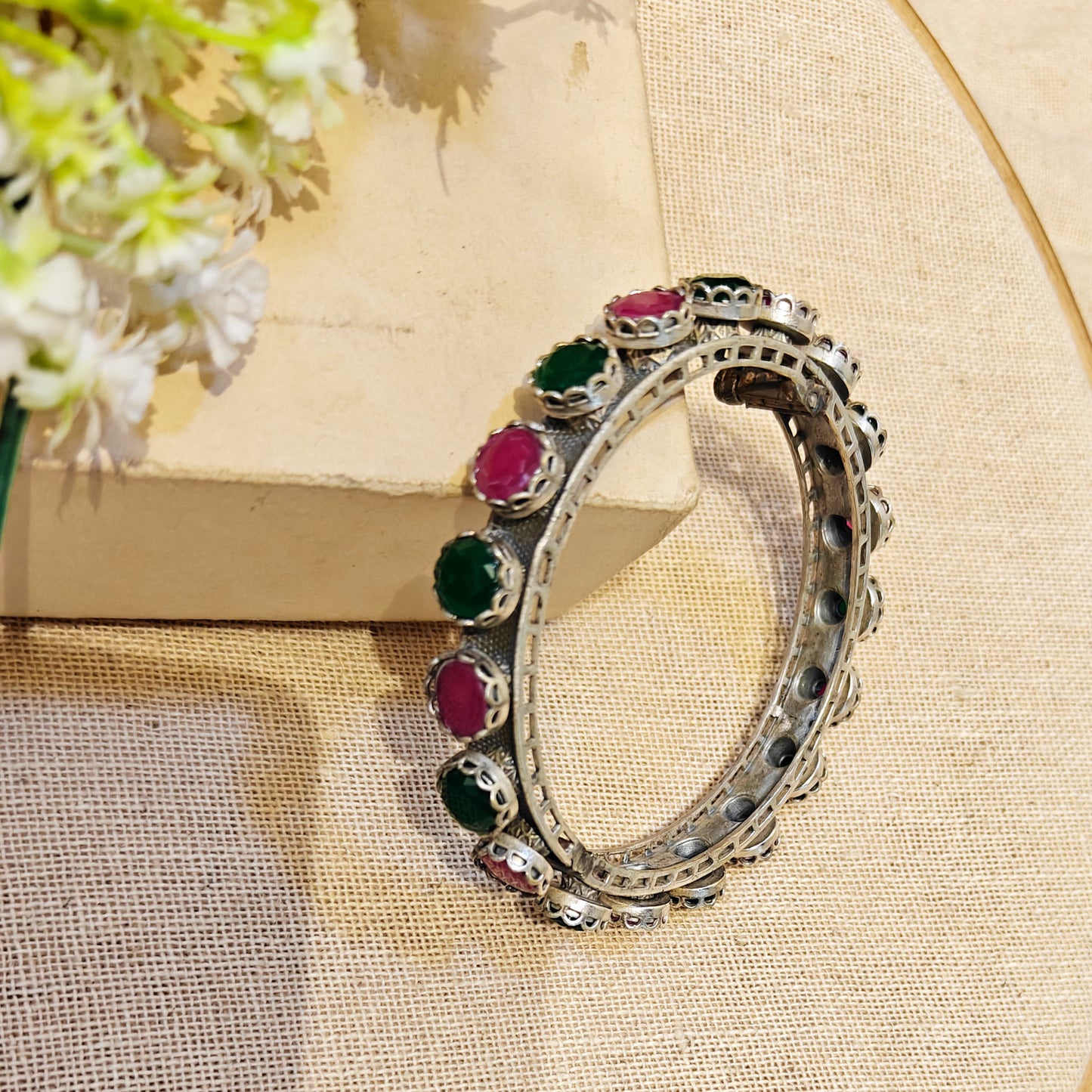 Teal Silver Look Alike Stone Kada