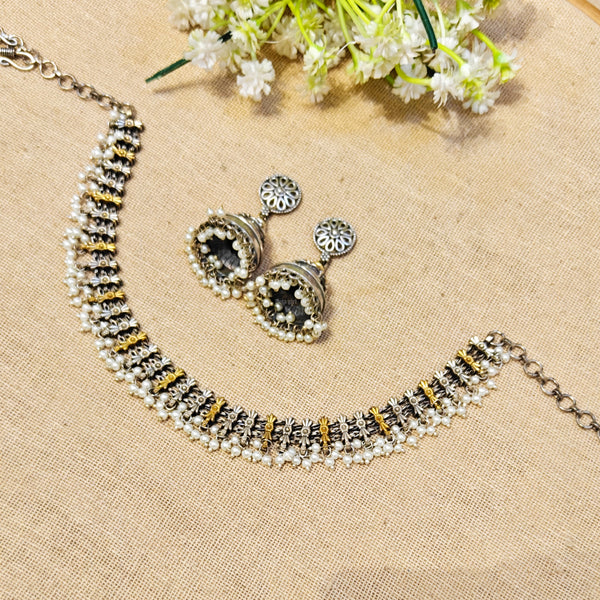 Breeze Silver Look Alike Dual Tone Choker With Earrings