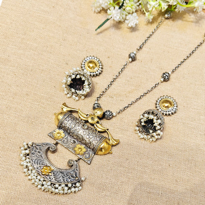 Evora Silver Look Alike Dual Tone Necklace