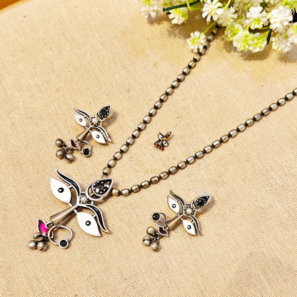 Feather Silver Look Alike Oxidized Necklace