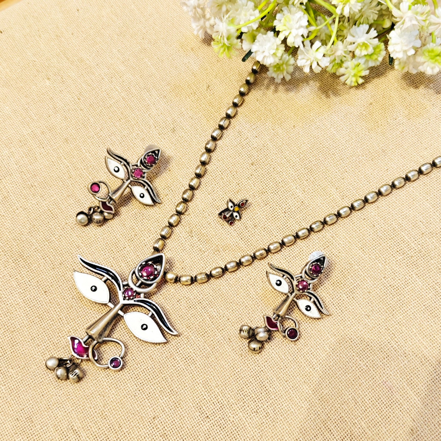 Feather Silver Look Alike Oxidized Necklace
