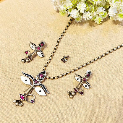Feather Silver Look Alike Oxidized Necklace