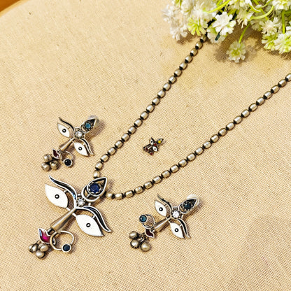 Feather Silver Look Alike Oxidized Necklace
