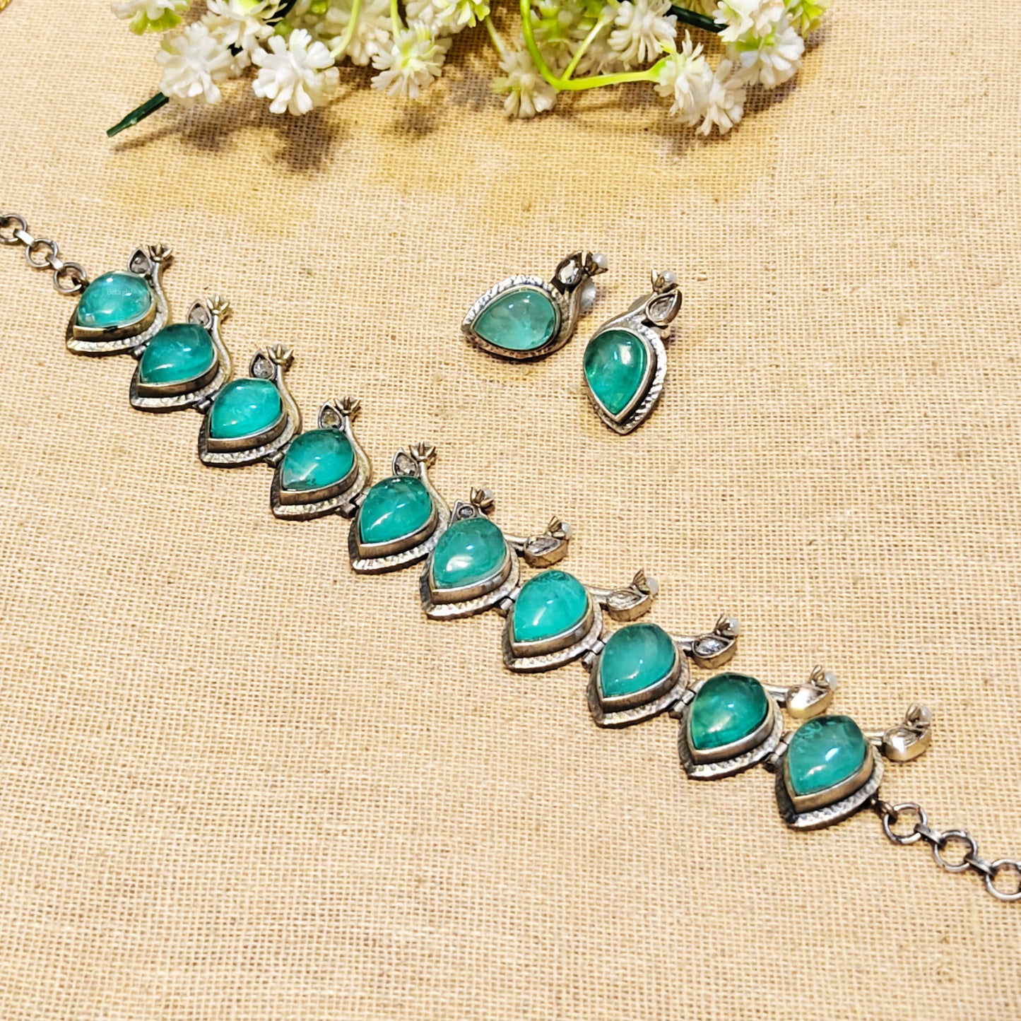 Snowy Silver Look Alike Oxidized Stone Choker