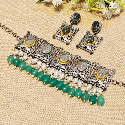 Frosty Silver Look Alike Oxidized Choker With Earrings