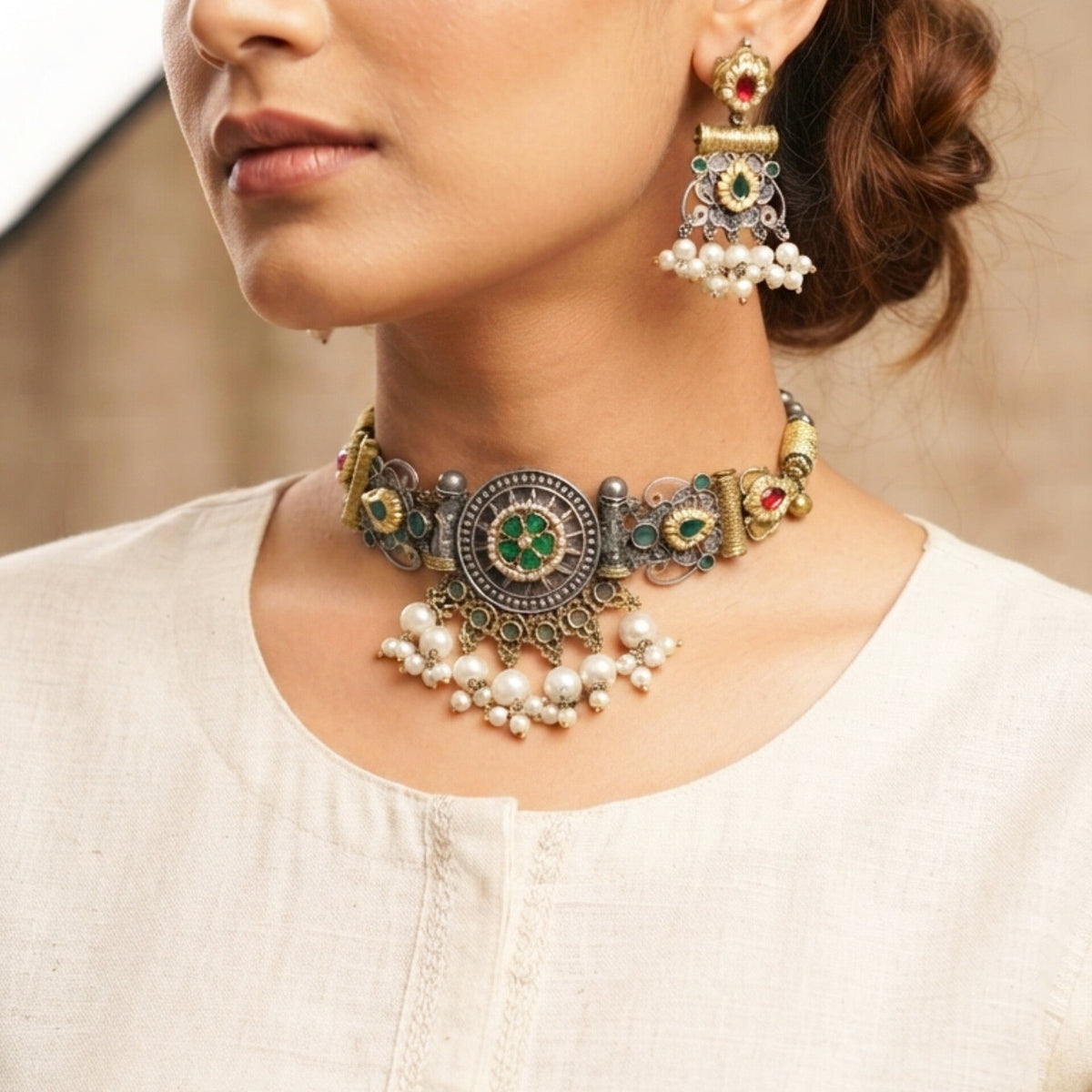 Indo Silver Look Alike Dual Tone Choker