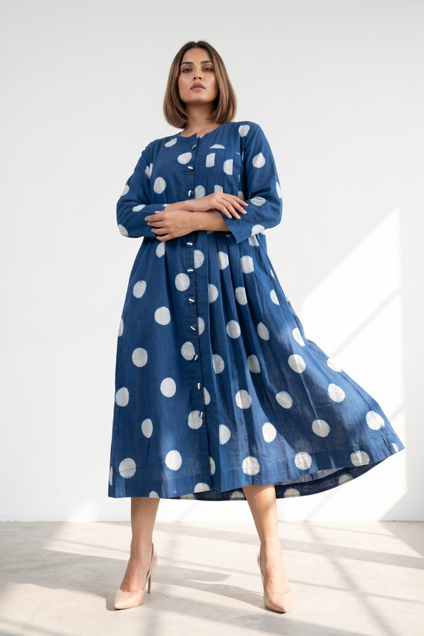 Indigo Moon Polka Cotton One Side Pleated Button Down Dress