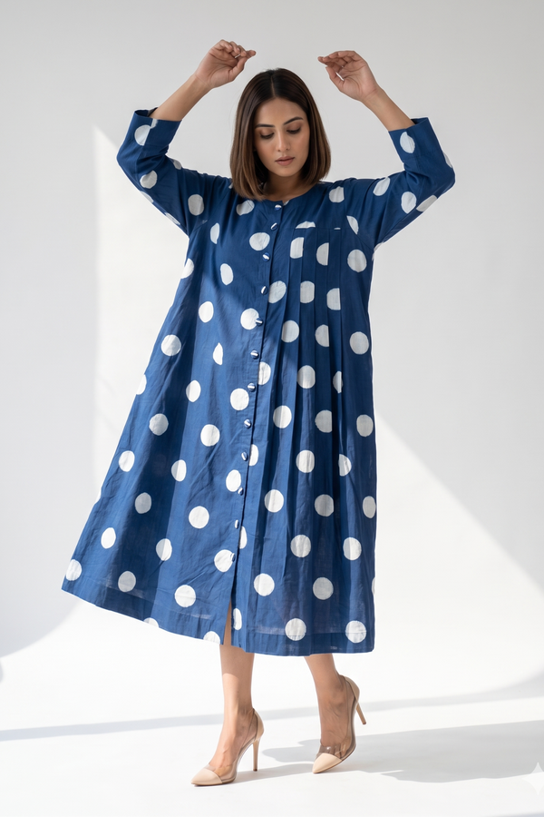 Indigo Moon Polka Cotton One Side Pleated Button Down Dress