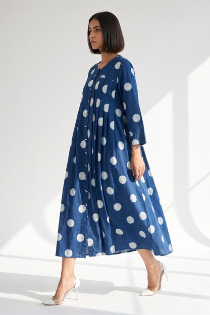 Indigo Moon Polka Cotton One Side Pleated Button Down Dress