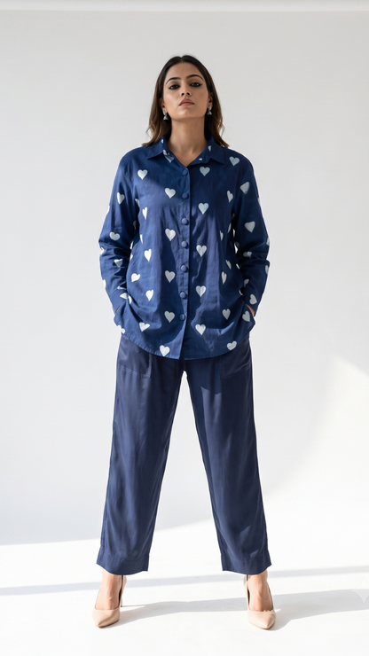 Indigo Heartscape Cotton Oversized Longline Casual Shirt