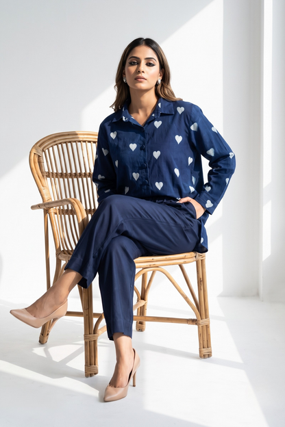 Indigo Heartscape Cotton Oversized Longline Casual Shirt