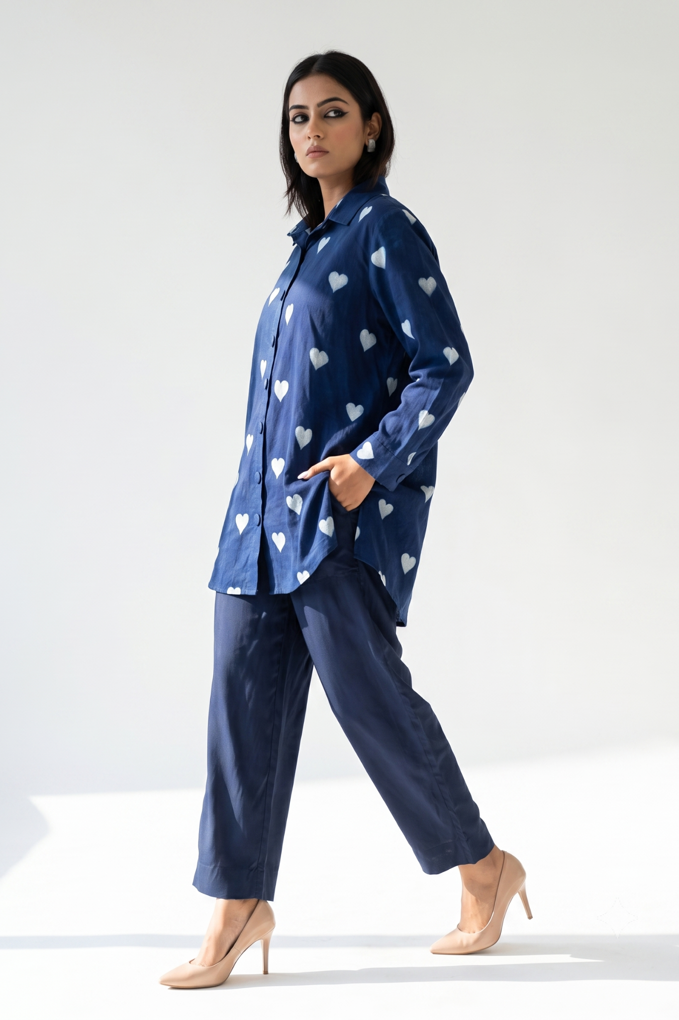 Indigo Heartscape Cotton Oversized Longline Casual Shirt