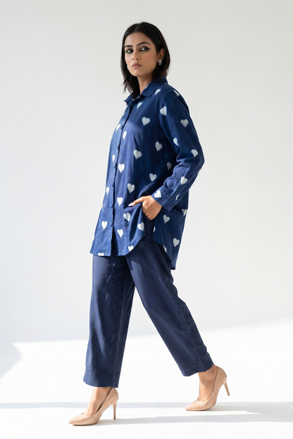 Indigo Heartscape Cotton Oversized Longline Casual Shirt