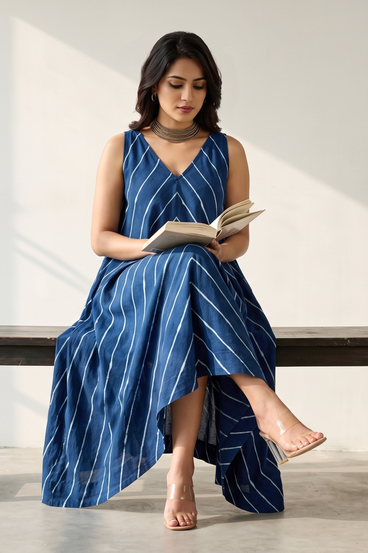Indigo Ink Flow Lines Cotton Sleeveless Strap V-Neck Bias Dress Mc