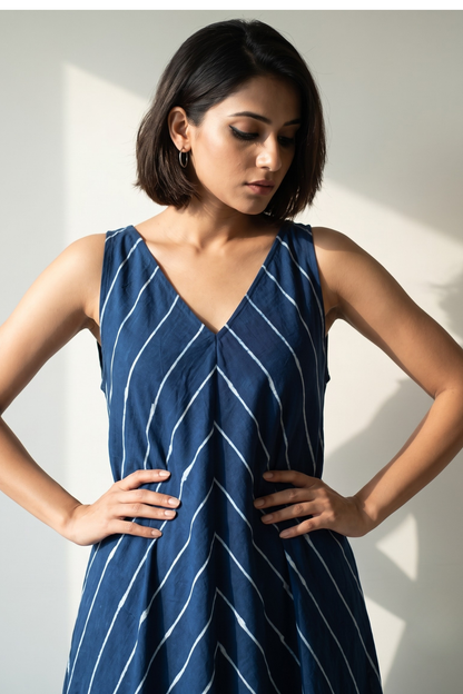 Indigo Ink Flow Lines Cotton Sleeveless Strap V-Neck Bias Dress Mc